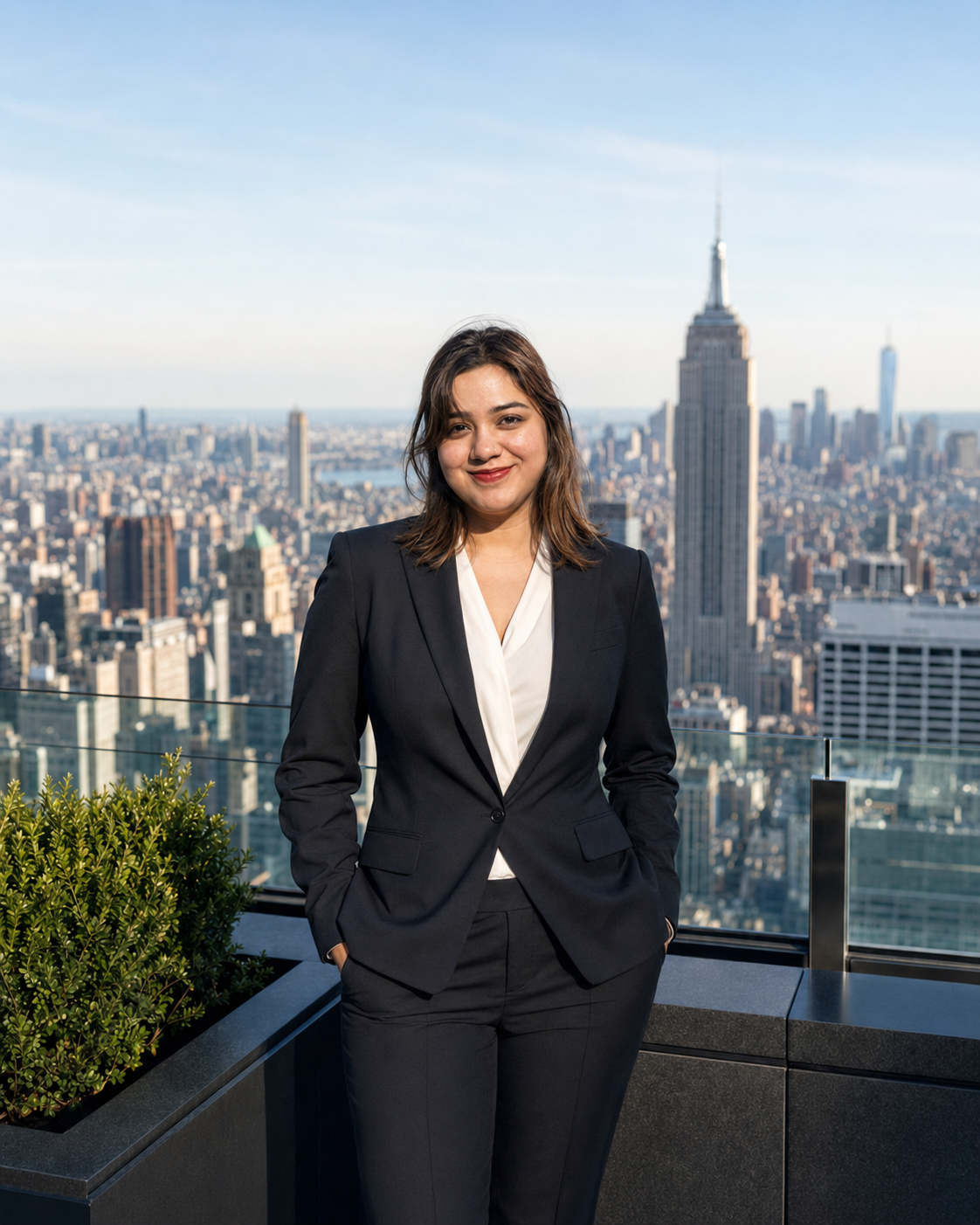 Harsha Bharti standing on a New York rooftop with the city skyline behind her.